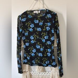 DVF Diane Von Furstenberg Faridah Long Sleeve Mesh Blouse Top Blue Floral Medium